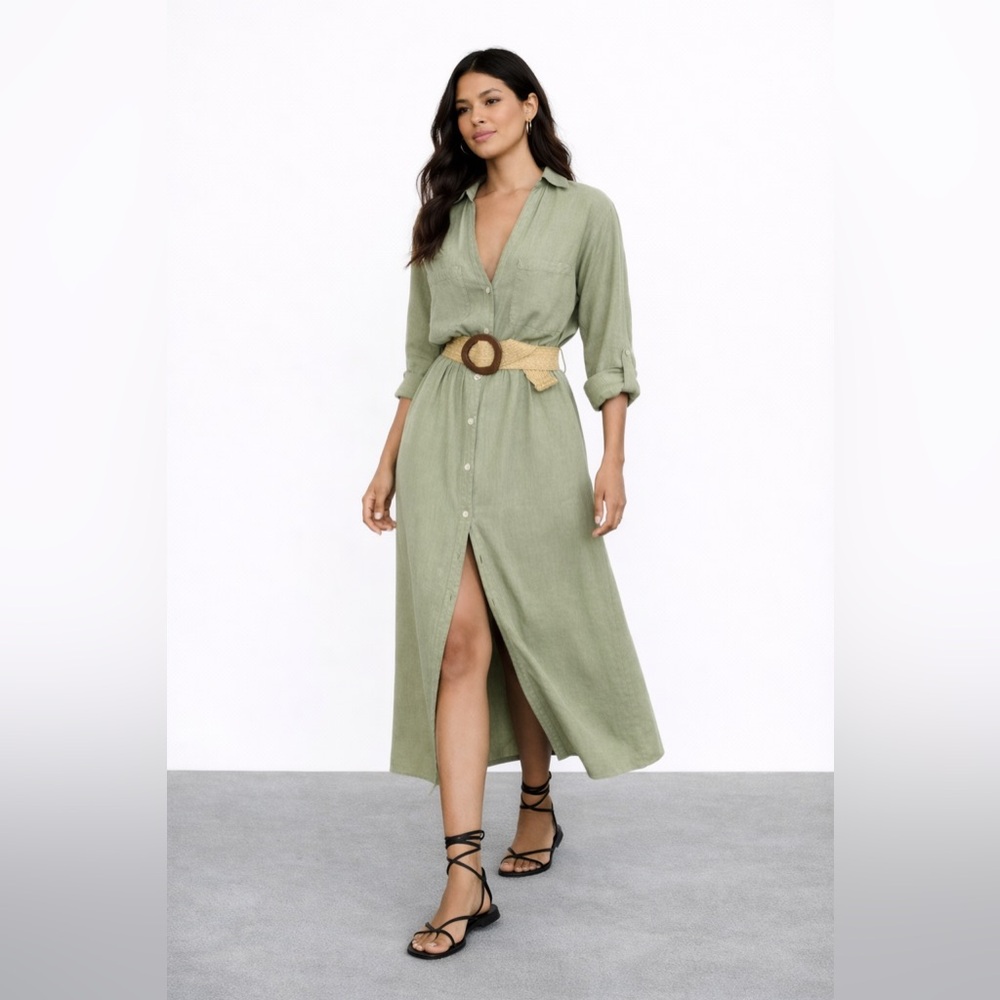 BELTED LINEN SHIRTDRESS with Slit for Casual Wear Size S - Picture 2 of 16